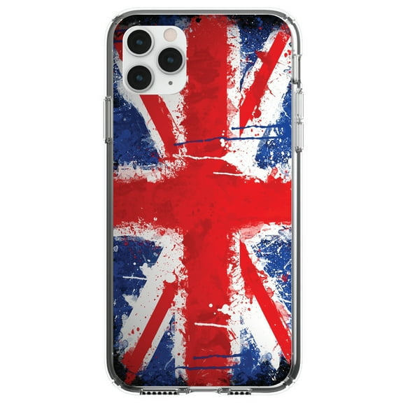 DistinctInk Clear Shockproof Hybrid Case for iPhone 12 / 12 PRO (6.1" Screen) - TPU Bumper, Acrylic Back, Tempered Glass Screen Protector - Red White Blue British Flag Graffiti - Love of the UK