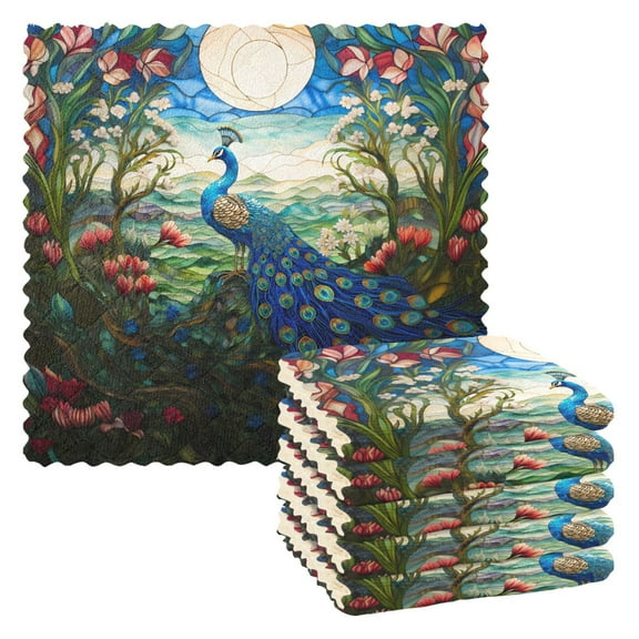 6 Packs Peacock with Moon Kitchen Dish Towels Soft Absorbent Dish Cloths 11"x11"