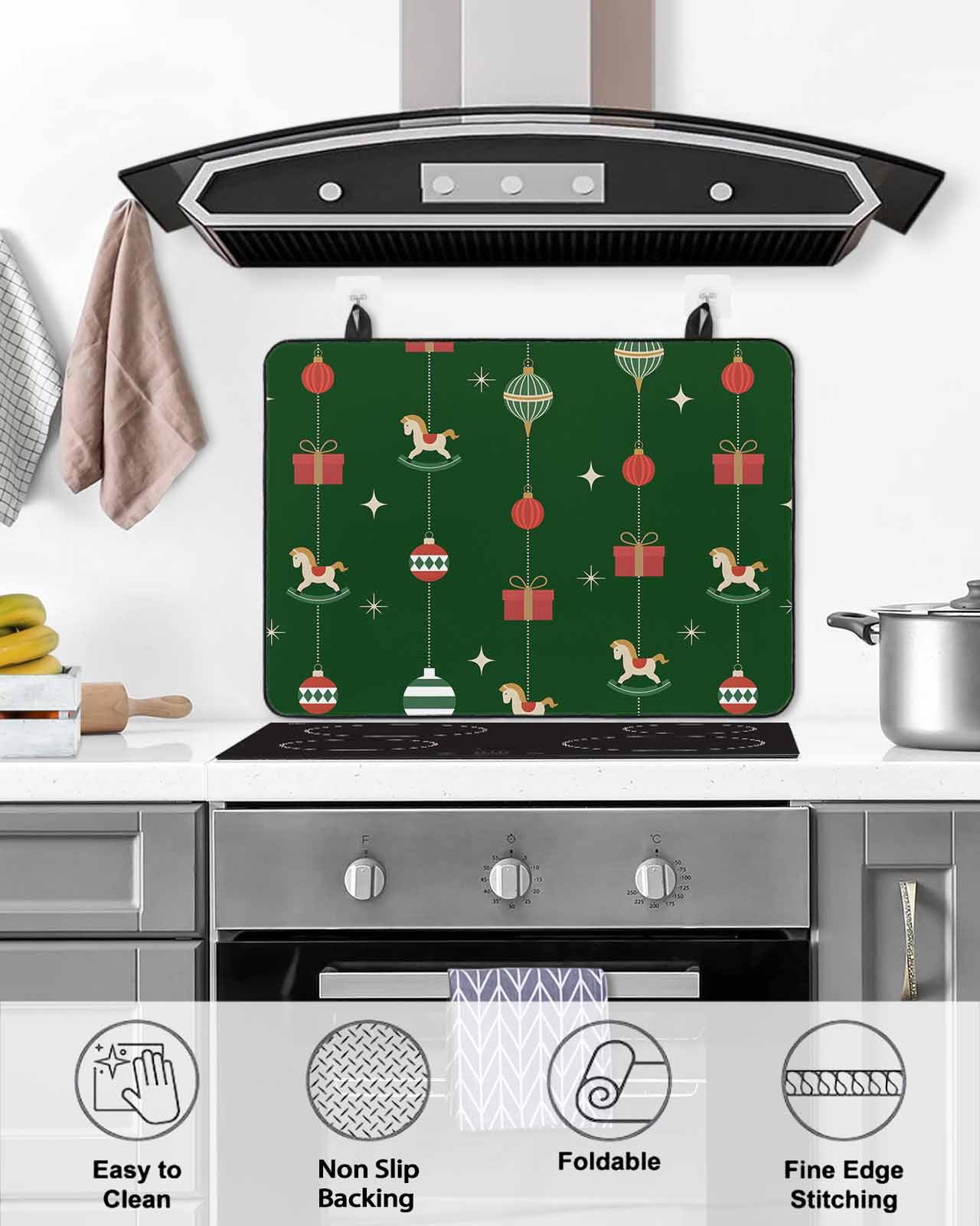 Large Induction Cooktop Protector Mat Christmas Stove Top Covers for Electric Stove, Winter Xmas Balls Weeping Green Cartoon Cute Decorative Stove Burner Cover Mats, Glass Top Stove Cover