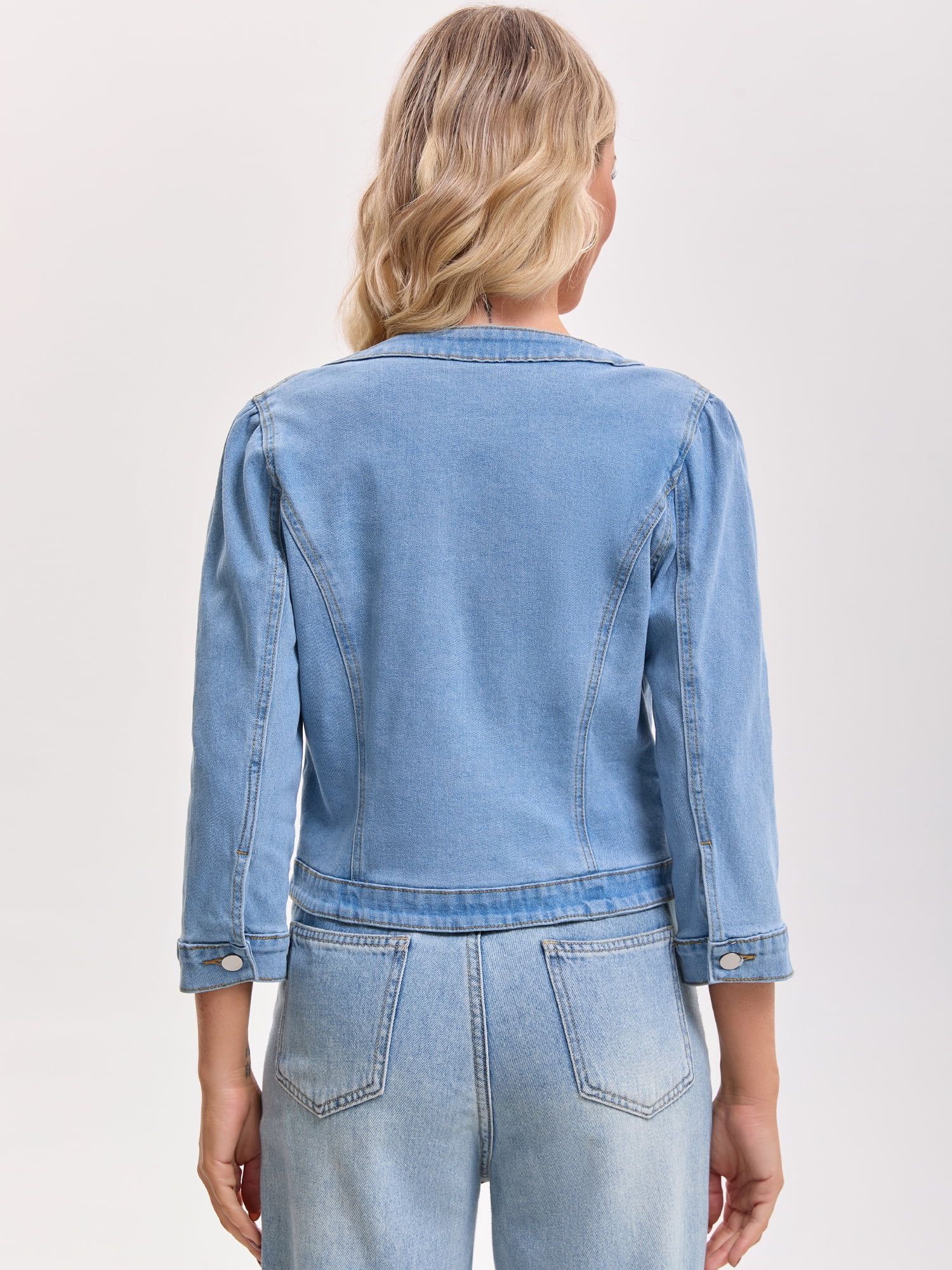 DARING DIVA Women's Collarless Cardigan 3/4 Sleeve Jean Jacket 2XL Light Blue