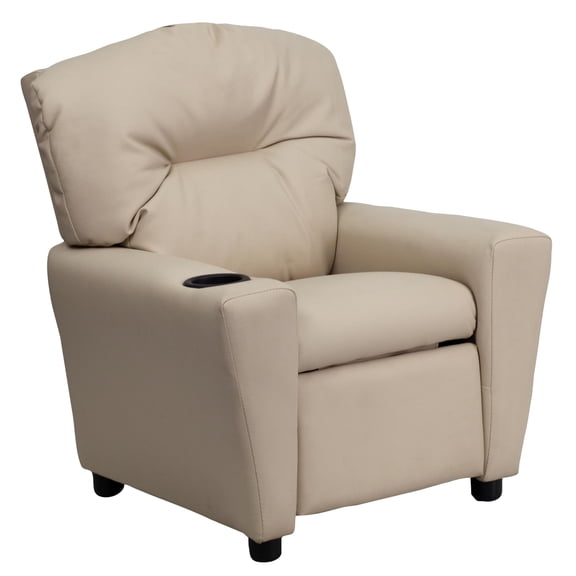 Bowery Hill Contemporary Vinyl Kids Recliner with Cup Holder in Beige