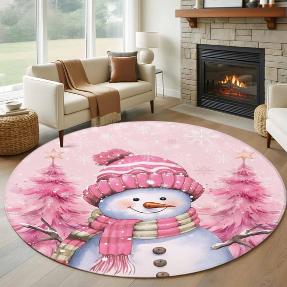 Pink Snowman Christmas Round Area Rug 5 FT, Non Slip Bedroom Area Rug, Xmas Tree Winter Snowflake Pink Washable Soft Circular Carpet Non-Shedding Floor Mat for Kitchen Dining Room Foyer Balcony Dorm