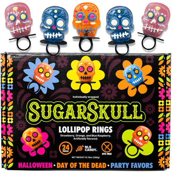 Sugar Skull Lollipop Rings, Strawberry, Orange, Blue Raspberry, 24 Count