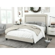 Home Design Adam Queen Upholstered Panel Bed Frame with Nailhead Trim and Padded Headboard, Beige, Easy assembly