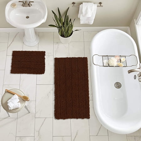 Zebrux Non Slip Thick Shaggy Chenille Bathroom Rugs, Bath Mats for Bathroom Extra Soft and Absorbent - Striped Bath Rugs Set for Indoor/Kitchen