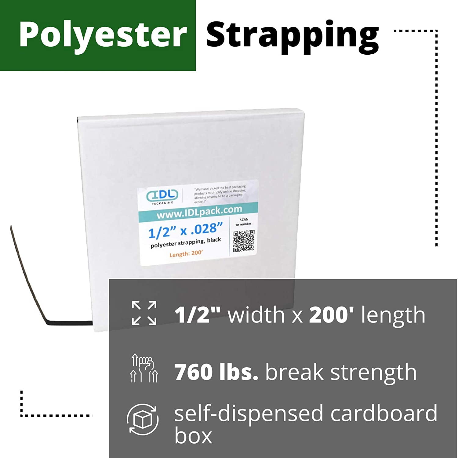 5/8 x .035 x 4000' Polyester (PET) Strapping Roll of 16 x 6 Core Size,  1400 lbs. Break Strength, Embossed, Green buy in stock in U.S. in IDL  Packaging