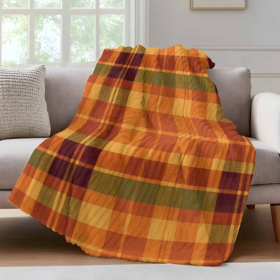Orange Green Plaid Fleece Throw Blanket for Couch, Modern Thanksgiving Grids Striped Microfiber Flannel Blanket for All Season, Lightweight Soft Throw Blankets for Gifts, Home Decor, 32"x47"