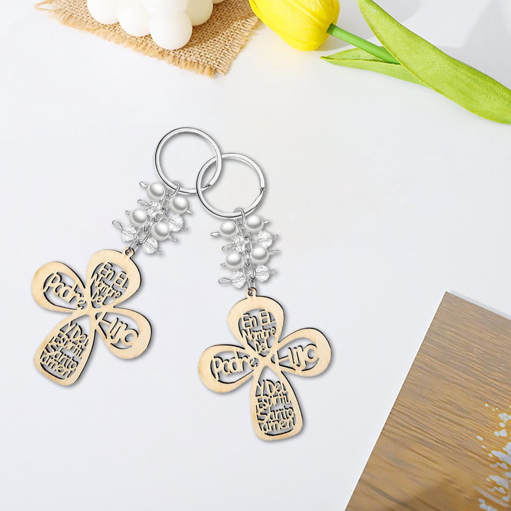 Slccxzc 12Pcs Baptism Cross Wooden Keychains with Organza Gift Bags, Christening Favors