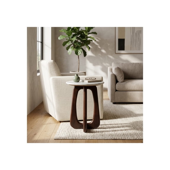 Marble Top End Side Table with Sculptural Wood Pedestal Base for Home and Room Decor - Night Stand for Bedroom and Small Spaces - Drink Table for Bedside and Living Room Decor - 21", Brown & White