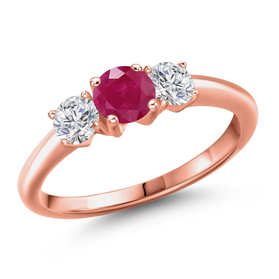 Gem Stone King 18K Rose Gold Plated Silver Red Ruby and Lab Grown Diamond Engagement Ring for Women | 1.09 Cttw | Round 5MM | Gemstone July Birthstone | Size 9