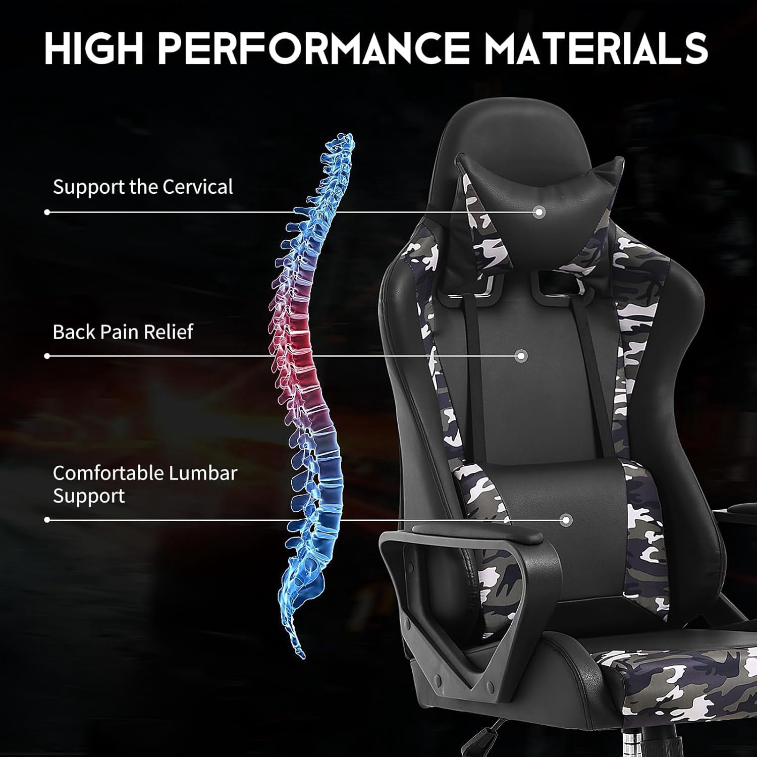Dkelincs High Back Gaming Chair Racing Office Chair Leather Ergonomic Computer Chair Adjustable Swivel Rolling Desk Chair for Adults Teens, Camo