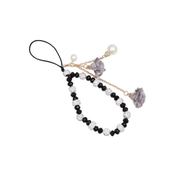 Seitruly Correas para teléfono móvil, cordón de flores de cristal, correa de llavero con cuentas a la moda, de cuerda colgante, adornos para Electrónica En blanco y negro