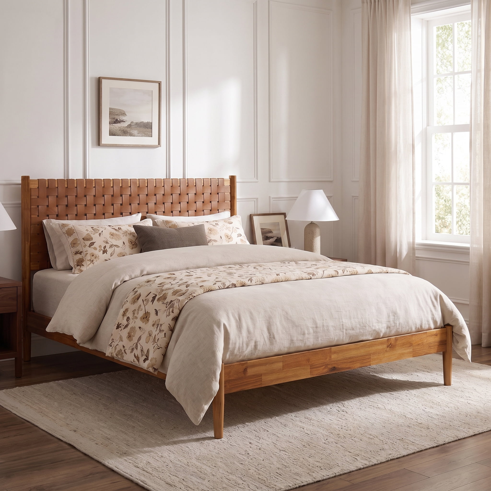Euroco Solid Acacia Wood Queen Size Platform Bed, Mid-Century Modern Style Bed with Hand-Woven Vegan Leather Headboard, No Box Spring Needed, Caremel