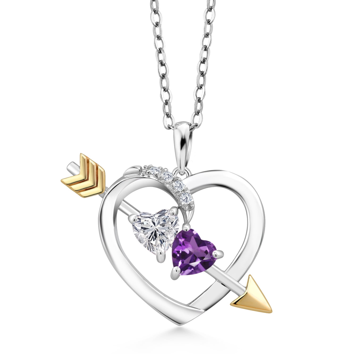 Gem Stone King 925 Silver and 10K Yellow Gold Lab Grown Diamond and Purple Amethyst Pendant Necklace for Women | 0.90 Cttw | Gemstone April Birthstone | Heart Shape 5MM | With 18 inch Chain