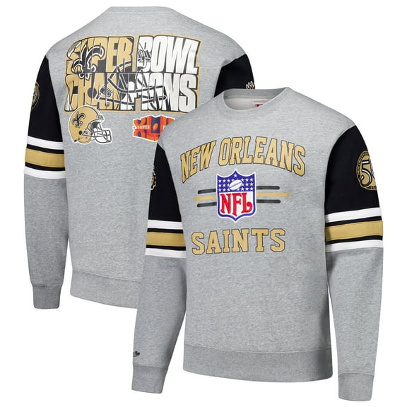 Men's Mitchell & Ness Heather Gray New Orleans Saints All Over 4.0 Vintage Logo Pullover Sweatshirt