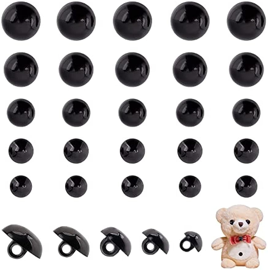 300pcs Black Crafts Eyes 5 Sizes Animal Eyes Round Domed Buttons Black ...