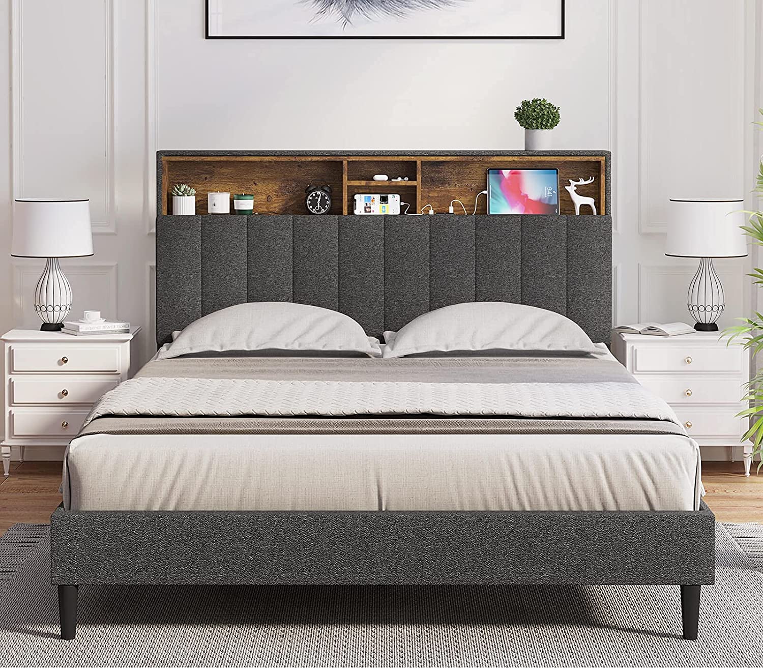 Afuhokles Upholstered Full Bed Frame with USB Charge, Storage Headboard ...