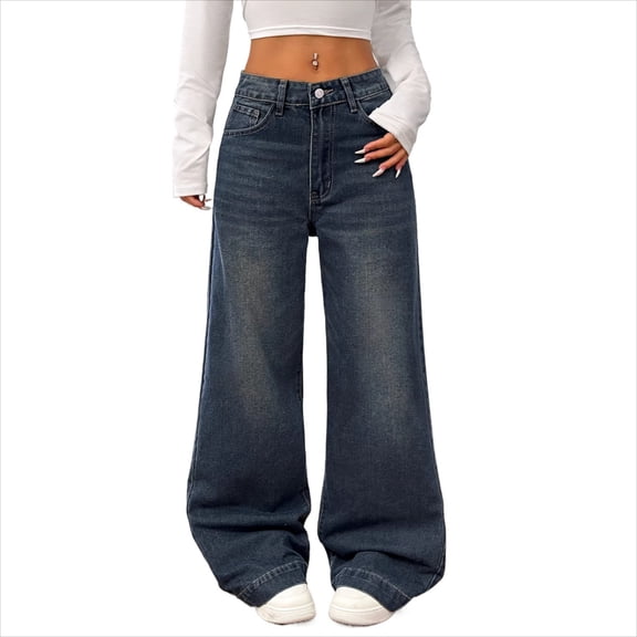 Women's Mid Rise Baggy Long Jeans, Y2K Trendy Flirty Wide Leg Denim Pants, Retro Vintage Streetwear Trousers