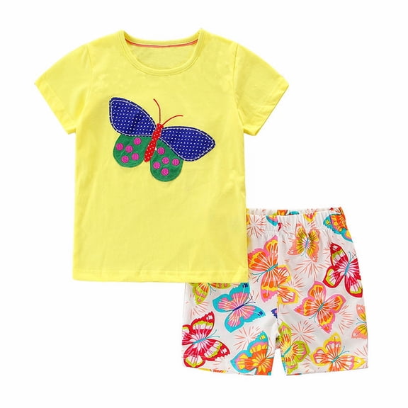 LNMQLPDBS Girls' Clothing Sets Toddler Girl Butterfly Print T Shirt Top and Shorts 2pcs Set for 2 to 8 Years Casual Cute Summer Sets Beach Clothes Outfits for Sport and Seaside Play