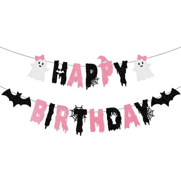 JIhuahe Happy Birthday Halloween Banner, Ghost Themed Party Decorations with Multi Color Paper Supplies for Spooky Celebration,White