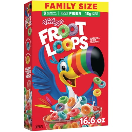 Kellogg's Froot Loops Original Breakfast Cereal, Good Source of Fiber, Family Size, 16.6 oz