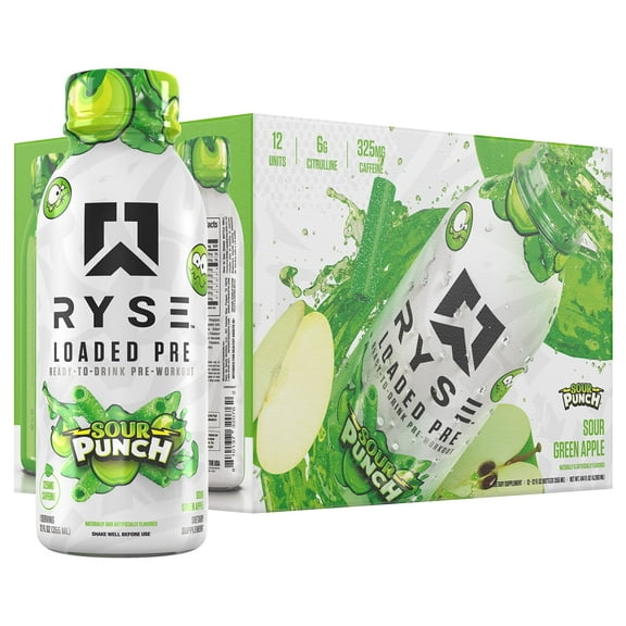 RYSE Loaded Pre Workout Drink - Sugar-Free - Sour Punch Green Apple - 12 Pack