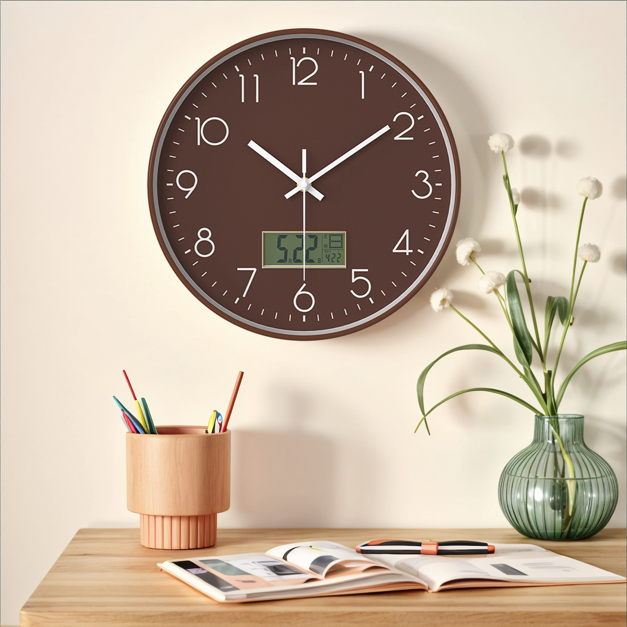 Unique Bargains Silent Non Ticking Wall Clock with Date and Temperature Brown