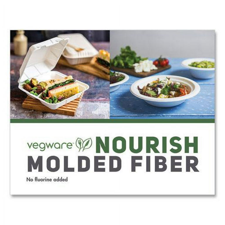 Nourish Molded Fiber Takeout Containers, 3-Compartment, 7.9 x 7.9 x 2.9, White, Sugarcane, 200/Carton Nourish Molded Fiber Takeout Containers, 3-Compartment, 7.9 x 7.9 x 2.9, White, Sugarcane, 200/Carton