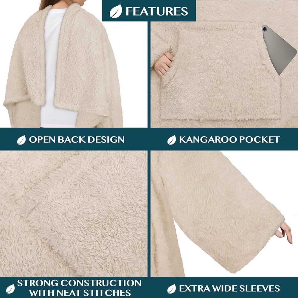 PAVILIA Fluffy Blanket with Sleeves Women Men Adults, Wearable Blanket Plush Soft Fuzzy, Hug Sleep Pod Snuggle Pocket Sleeved TV Throw, Sherpa Fleece Warm Cozy Shaggy Gifts Ideas Mom Wife, Beige Cream