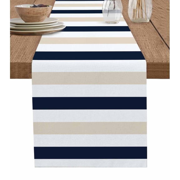 Hokiten Table Runners 48 Inches Long Dress Scarves, Beige Navy Blue Striped Farmhouse Kitchen/Dining Table Runner, Short Coffee Tablerunners, Farmhouse Stripe Art 13x48 Inch