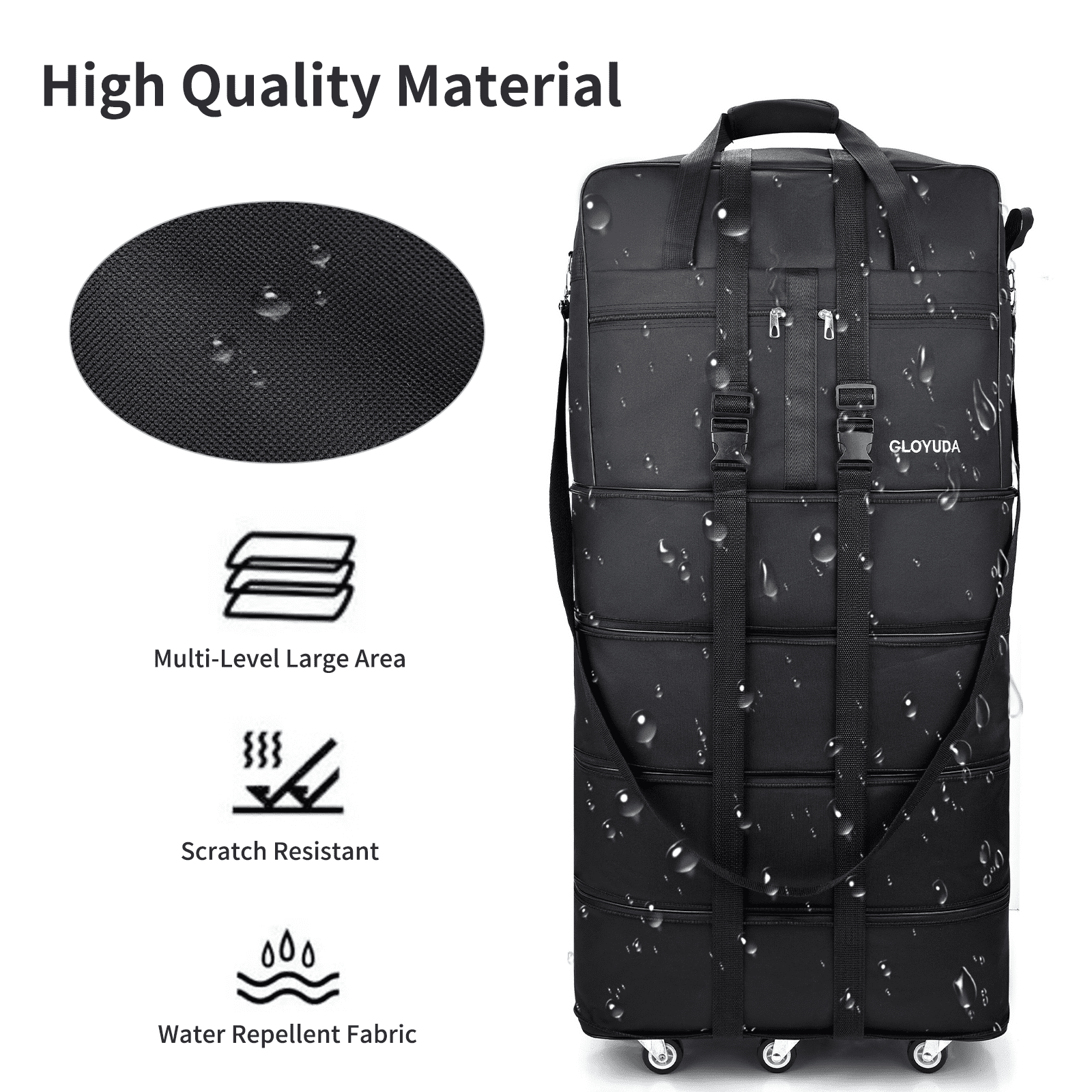 Gloyuda 42 inch Rolling Bag, Duffle Bag with Wheels, Rolling Tote Bags with Wheels, Collapsible Luggage, Travel Bag with Wheels and Handle, Roller Bag with 2 Fixing Straps and 1 Shoulder Strap