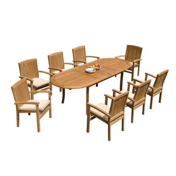 Grade-A Teak Dining Set: 8 Seater 9 Pc: 94" Oval Table And 8 Wave Stacking Arm Chairs Outdoor Patio WholesaleTeak #51WV2209