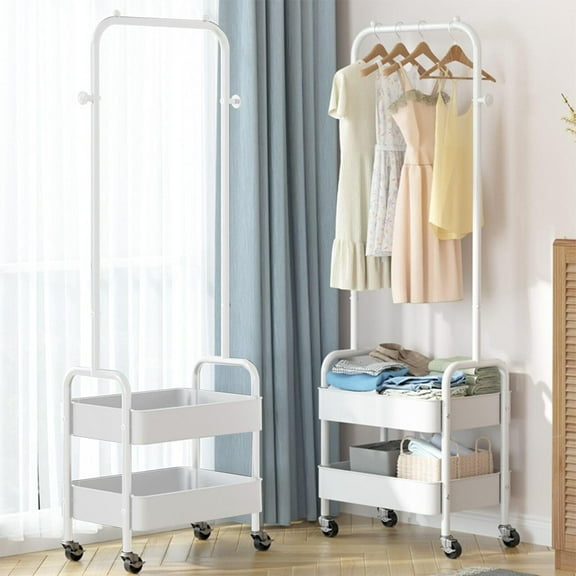 Metal Clothes Rack On Wheels Portable Clothes Rail for Hanging Clothes with Shoe Storage Shelfs Portable Clothes Rack Caddy
