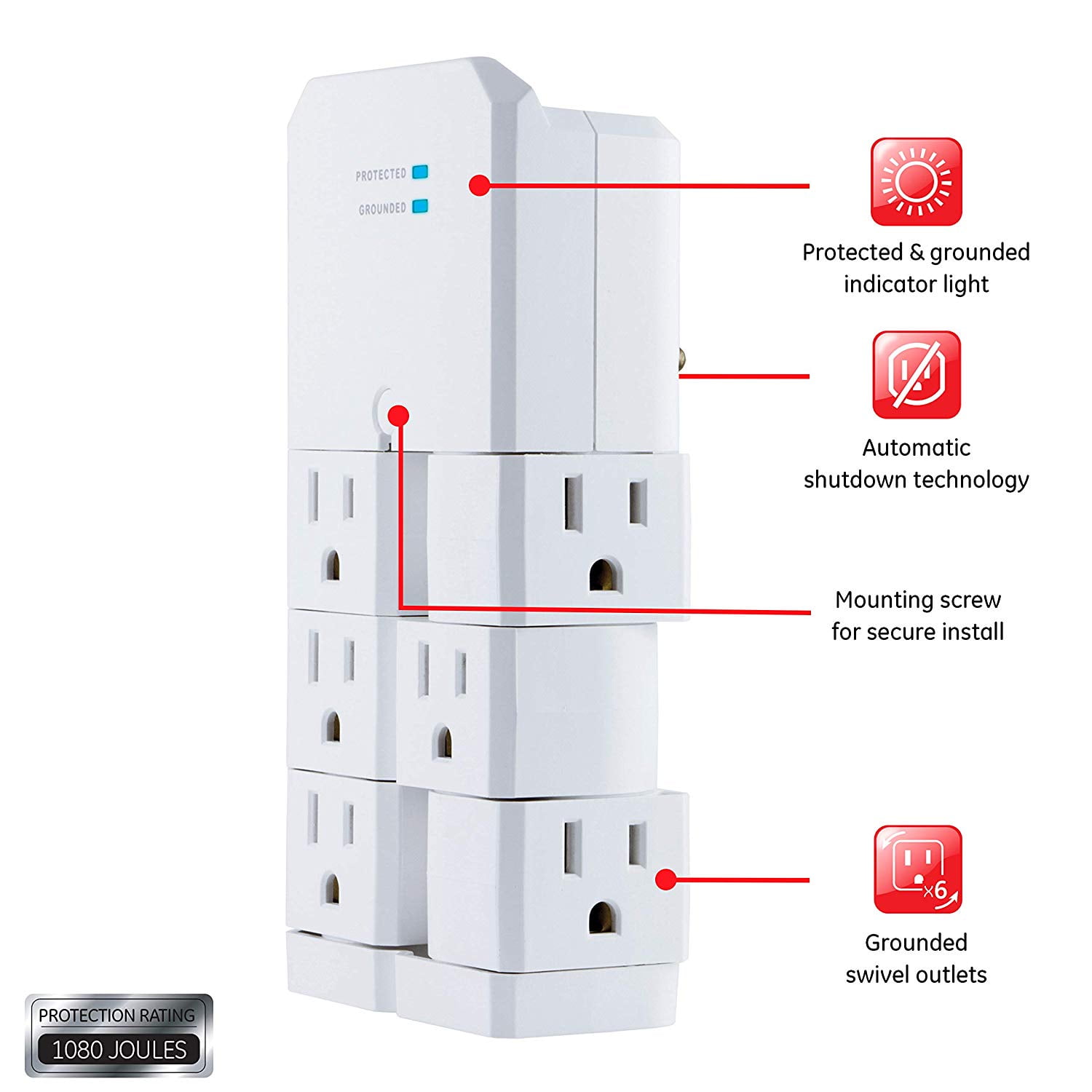 GE Pro 6-Grounded Outlet Surge Tap, Swivel Outlets, White - 37063