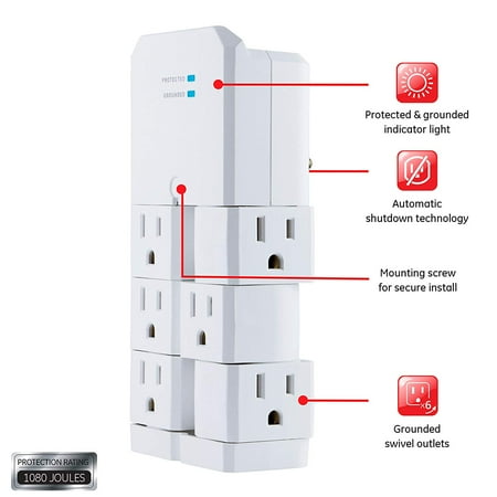 GE - Pro 6-Outlet Swivel Wall Tap Surge Protector - White