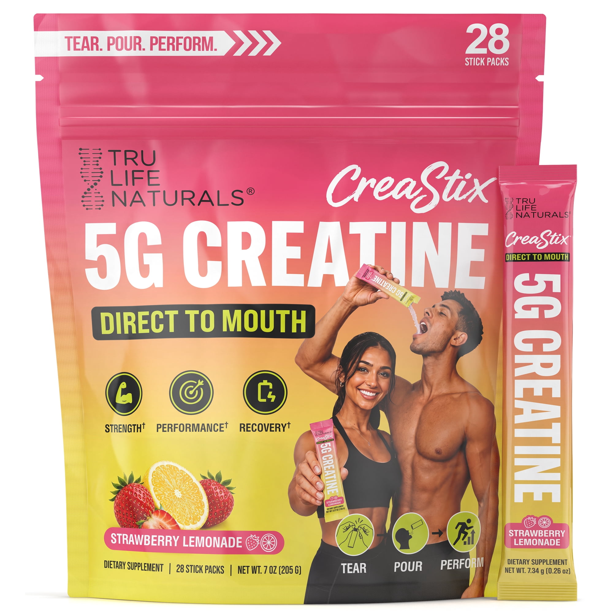 TRULIFE NATURALS CreaStix 5g Creatine Monohydrate, Direct to Mouth, Strawberry Lemonade