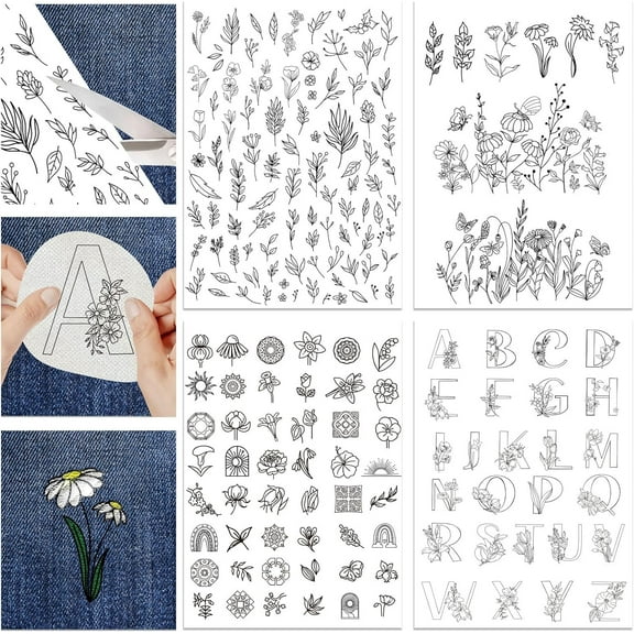 4 Sheets Water Soluble Embroidery Stabilizers 11.69x8.27 Inches Stick and Stitch Embroidery Paper with Pre-Printed Flowers Leaves Letter Pattern for Hand Sewing Lover Beginners Colorful