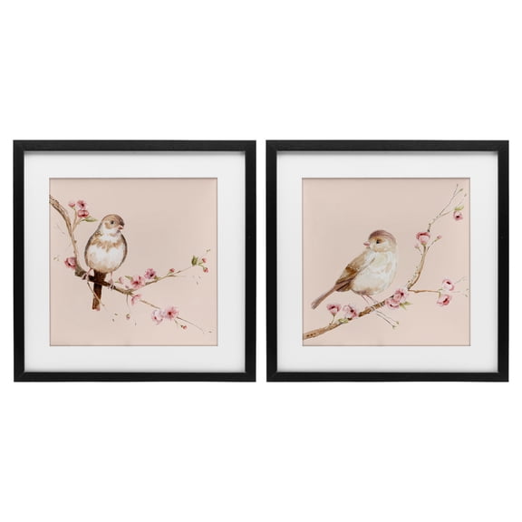 Sweetest Brown Birds Branch 2 Piece Black Framed Print Under Glass Set, design by Lisa Wehmeyer