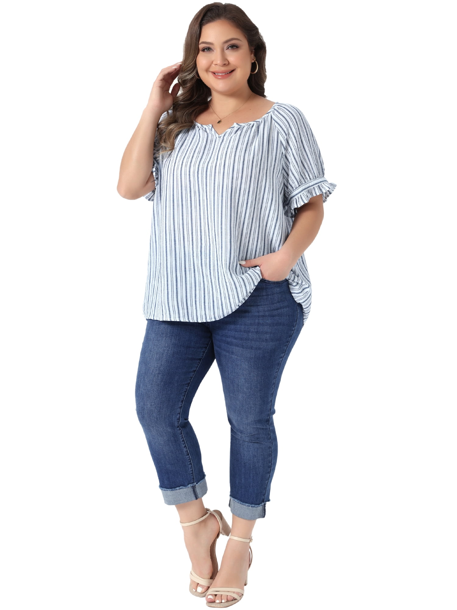 DARING DIVA Women's Plus Lined Notch V Neck Puff Stripes Shirt 2X Navy Blue