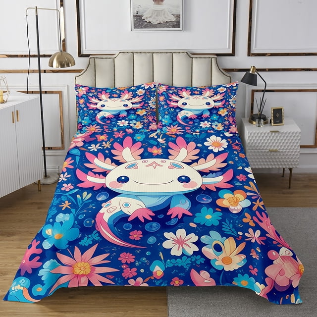 Cute Axolotl Quilt Set Twin Size Animal Theme Bedspread Fantasy Blue Bed Set Blue Axolotl Pattern Coverlet Set Cartoon Ocean Animal Axolotl Bedding
