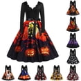 thumbnail image 3 of Disfraces de Halloween con estampado de calaveras para mujer, manga larga, vestido de ama de casa de los años 50, fiesta de noche, graduación, disfraces de cosplay elegantes y aterradores, 3 of 5
