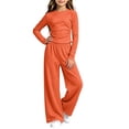 thumbnail image 4 of hotojiny Girls 2 Piece Outfit Long Sleeve Front Ruched Slim Fit Top Elastic Waist Wide Leg Pants Set Kids Fall Casual Clothes(Orange,7-8 Years), 4 of 6