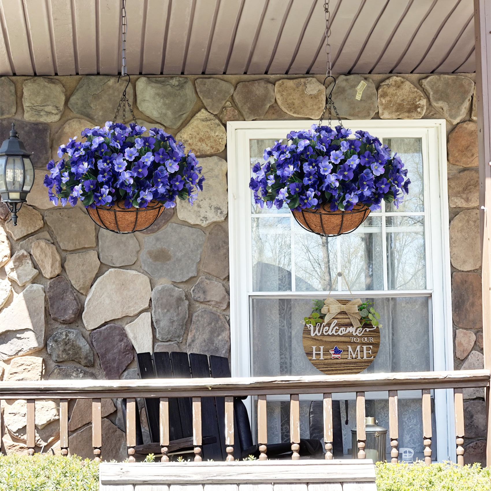 Scidweet Artificial Hanging Flowers Outdoors, 12 pcs Fake Plants Faux Hydrangea Flowers with Coconut Lining Basket for Spring Summer Outside Indoor Home Garden Decoration