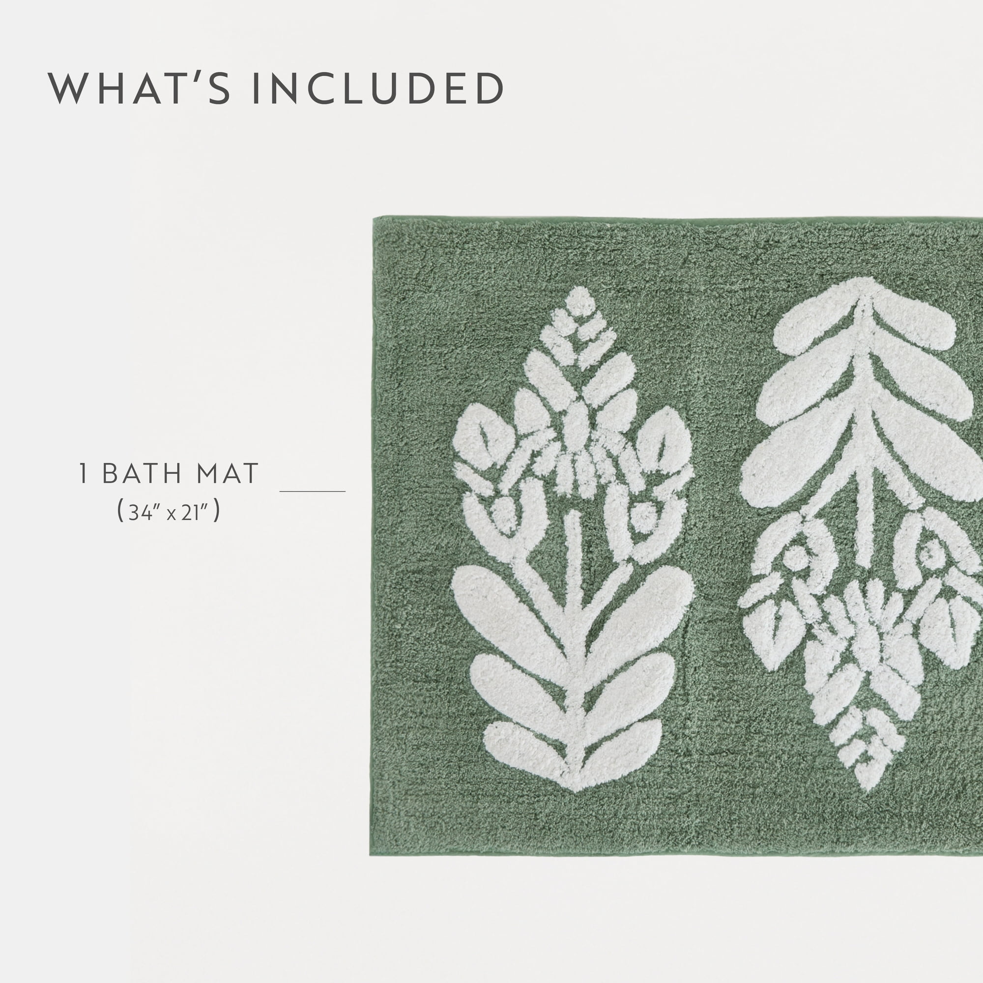 Noble Linens Floral Pattern Cotton Bath Mat, 34 in x 21 in, Folk Leaves Sage