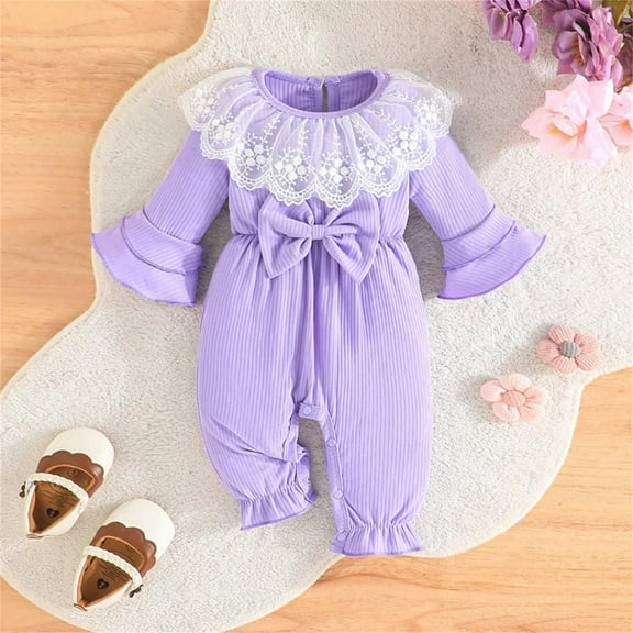 AUNVITO Girls Flared Sleeve Romper Cotton Bow Detail Long Sleeve Bodysuit 0-12M