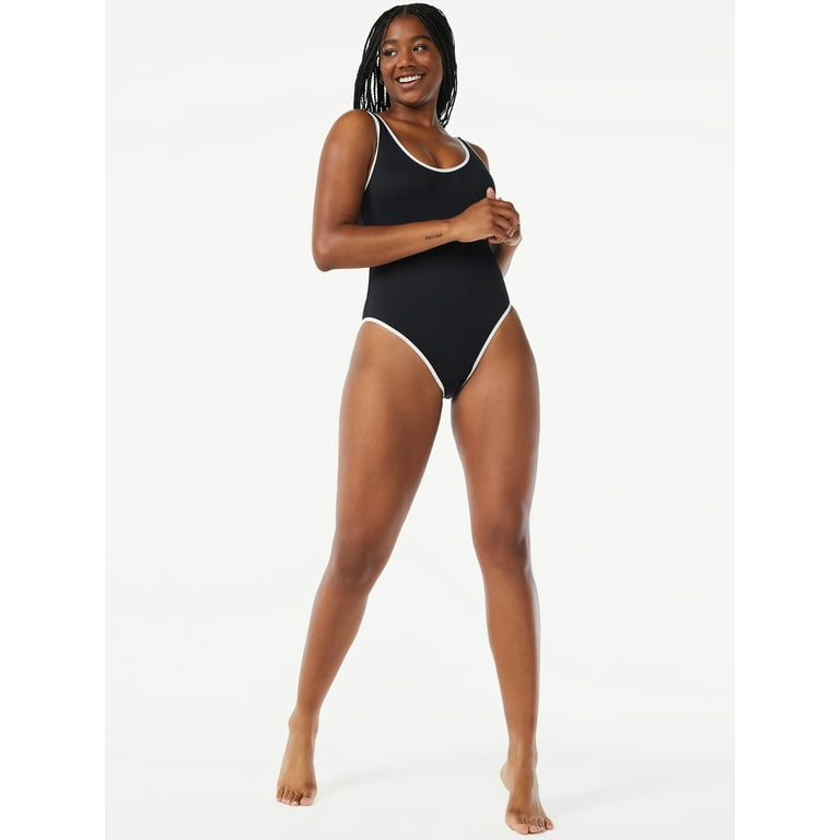 Love & Sports Women's Black Pique with White Piping Scooped Back Classic  One-Piece Swimsuit, Sizes XS-XXL 