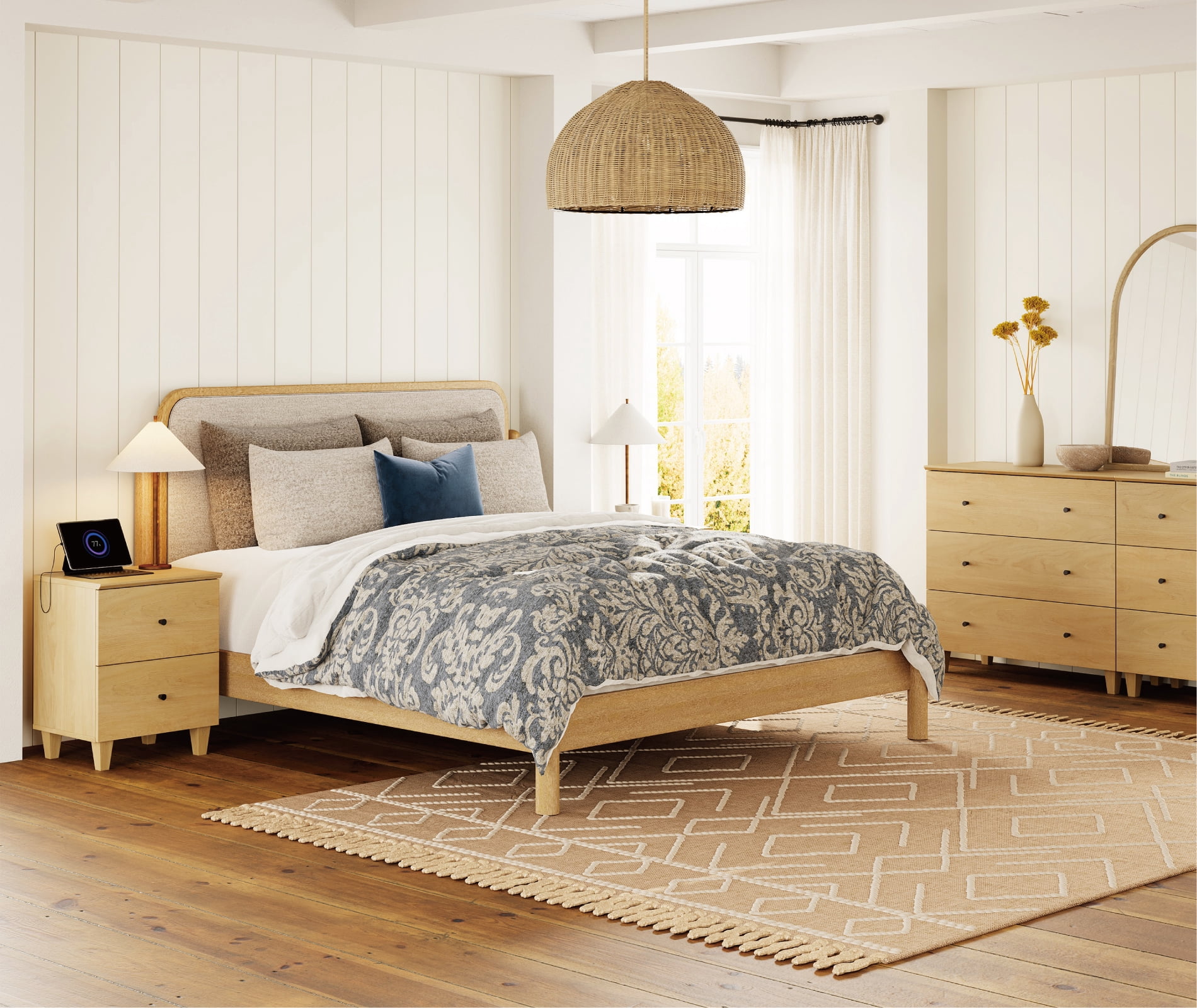 WAMPAT Modern Nightstands Set of 2, Wooden Bedside Tables with 2 Large Drawers and Charging Station, Small End Tables for Bedroom, Oak Wood