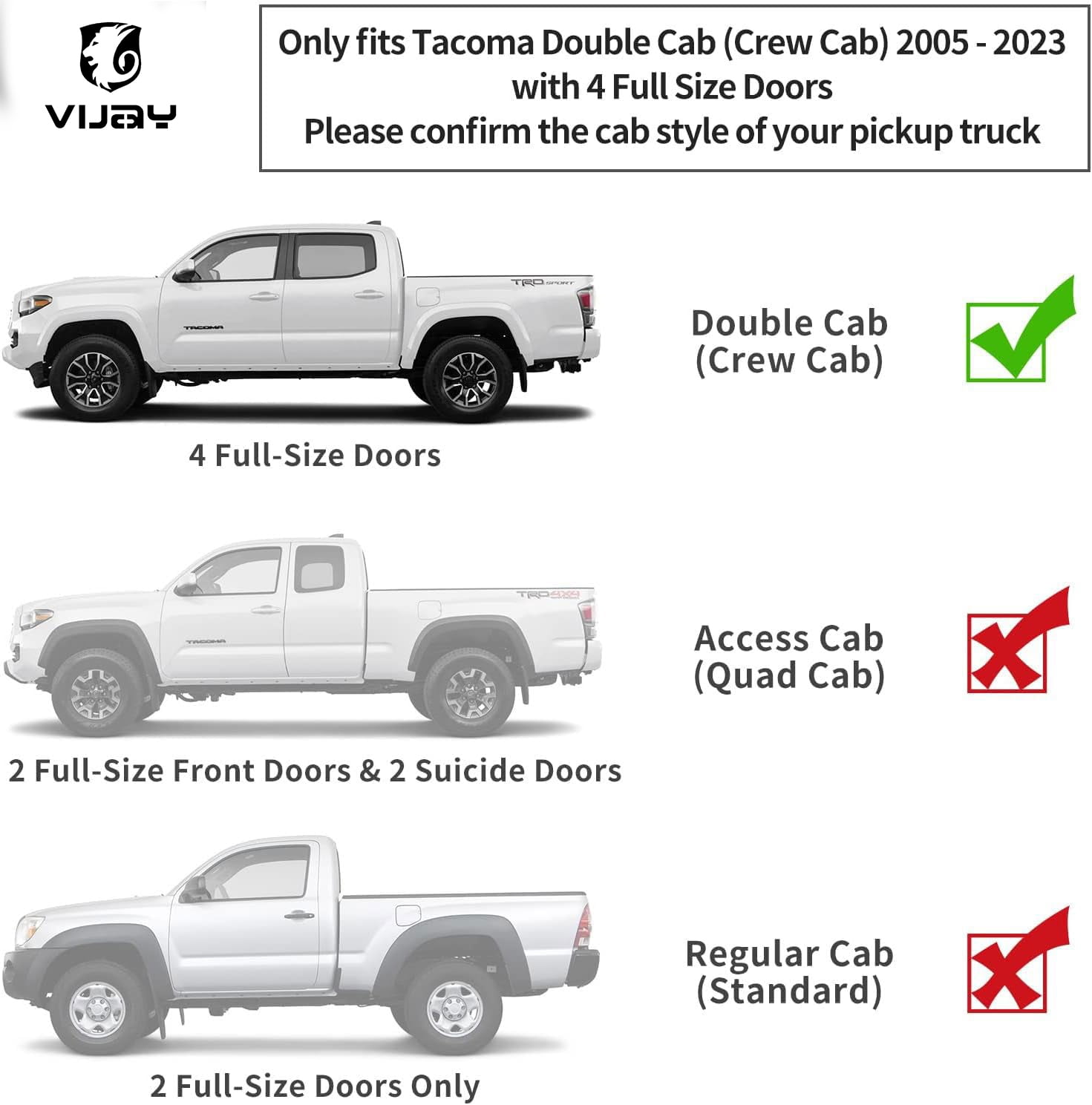 Vijay Running Boards Compatible with 2005-2023 Toyota Tacoma Double/Crew Cab 4-Door Bolt-on Side Steps Rails Steel Nerf Bars