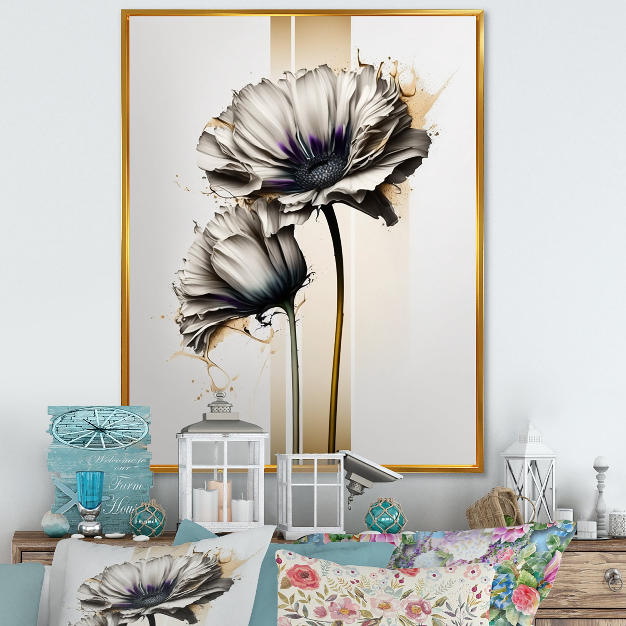 Designart 'White Gerbera Flower On Golden Beige Paint I' Canvas Wall Art