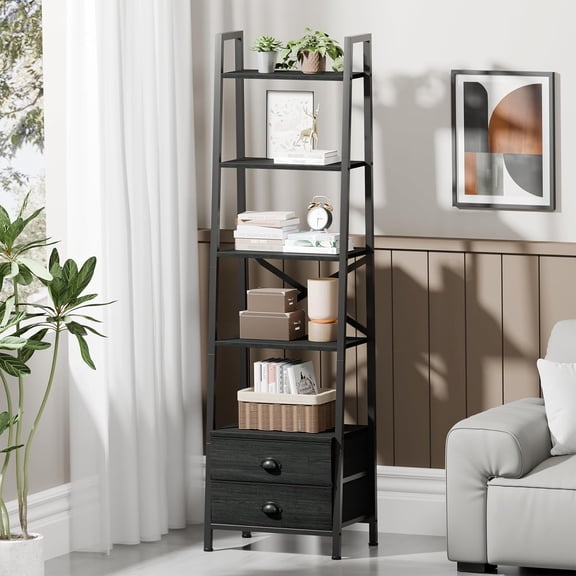 5-Tier Ladder Shelf with 2 Drawers,Narrow Bookshelf Storage Shelves,Industrial Bookcase Freestanding Rack Units for Bedroom,Living Room,Bathroom,Home Office,Balcony,Wood Metal, Black Oak